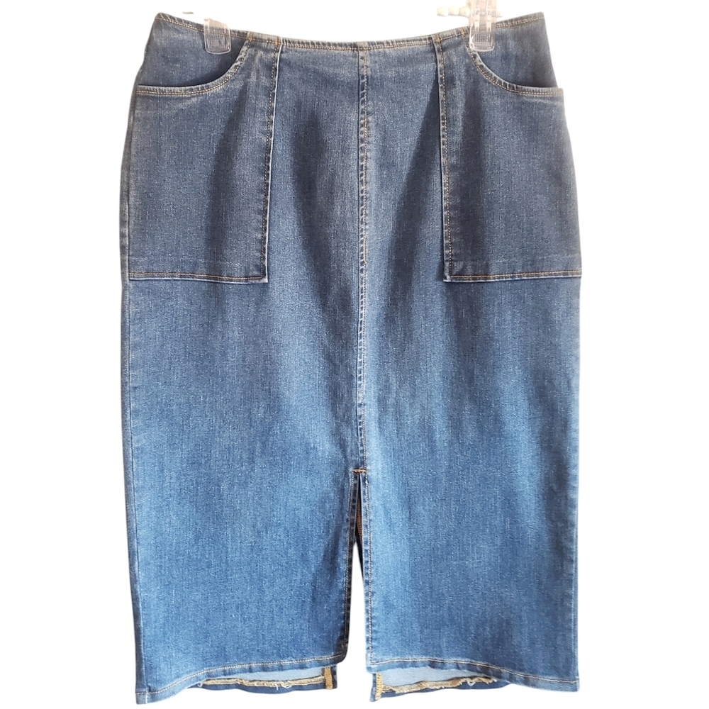 Vtg.Denim Skirt Who What Wear Blue Y2K Women's RETRO Zip Stretchy Pleated Midi